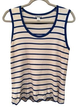 Preston & York Blue Cream Striped Ribbed Tank Decorative Hem Career Sz L